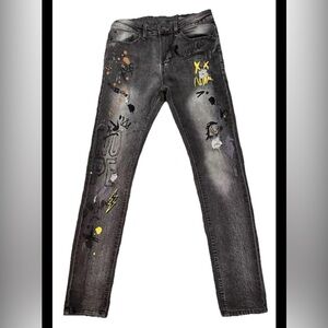 Southpole Skinny Jeans Mens 32x32 Black Graffiti Streetwear Distressed Graphic